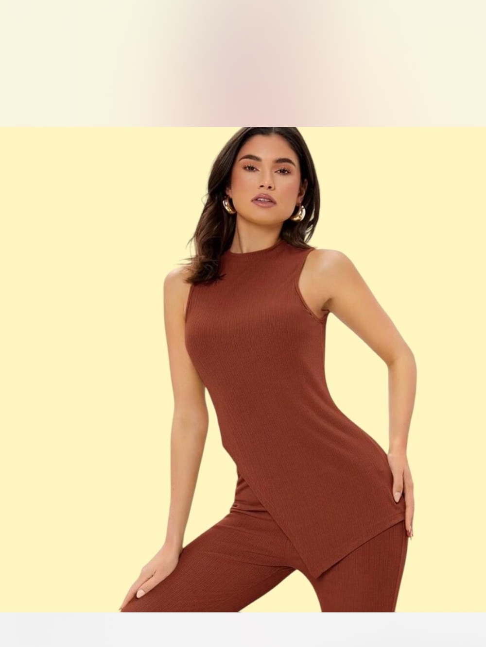 Sleeveless Ribbed Tank Top pants set - Rust - Picture 4 of 5
